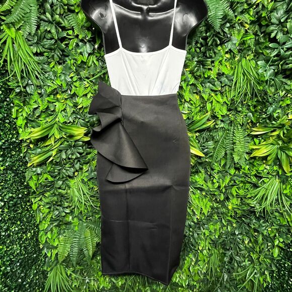Women Skirt Medium Black Midi Peplum Stretch Fitted Ruffle Fits Small AOMEI 1284 - Picture 7 of 7